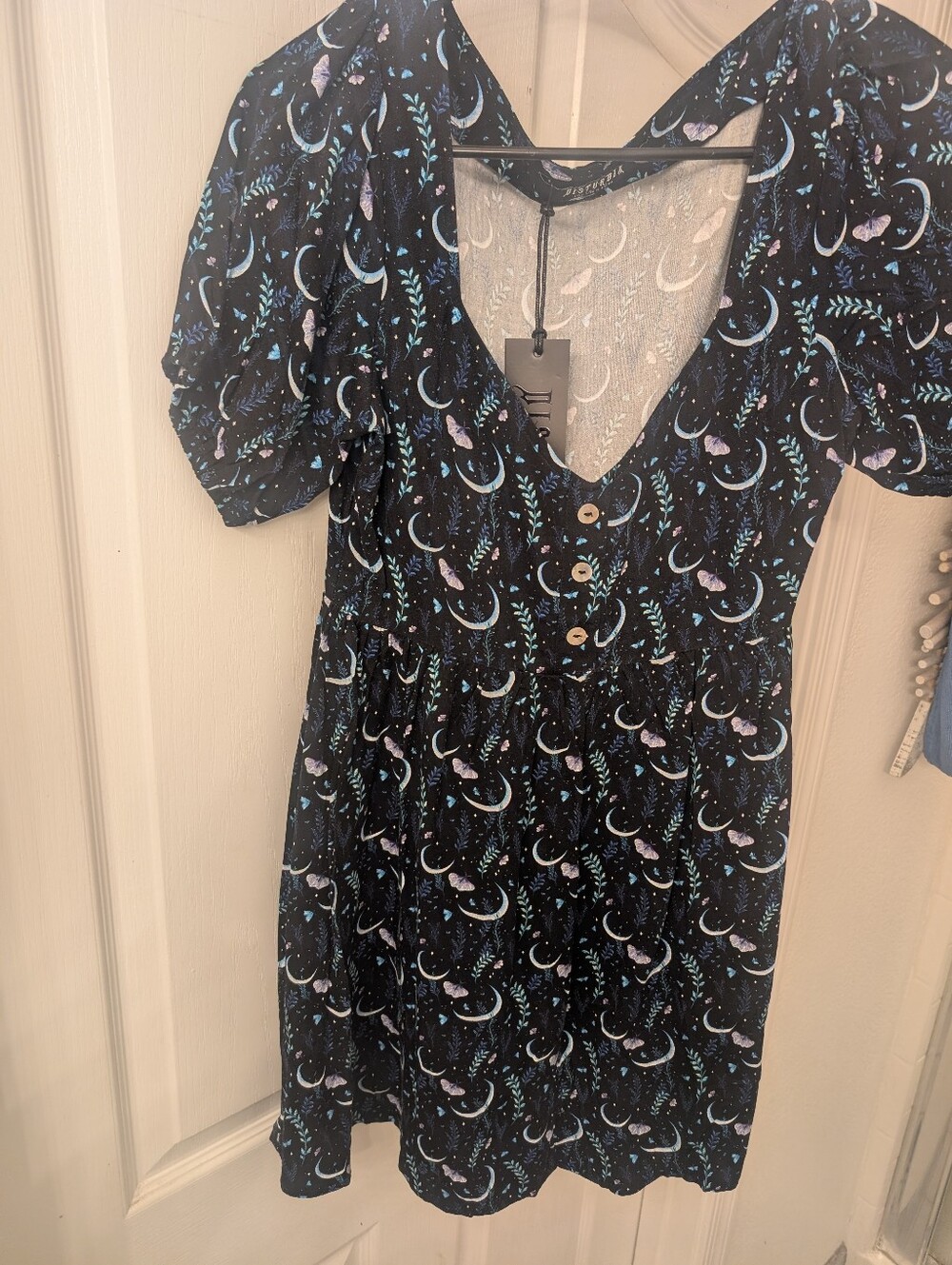 Disturbia Black Mini Dress with Moon & Floral Print